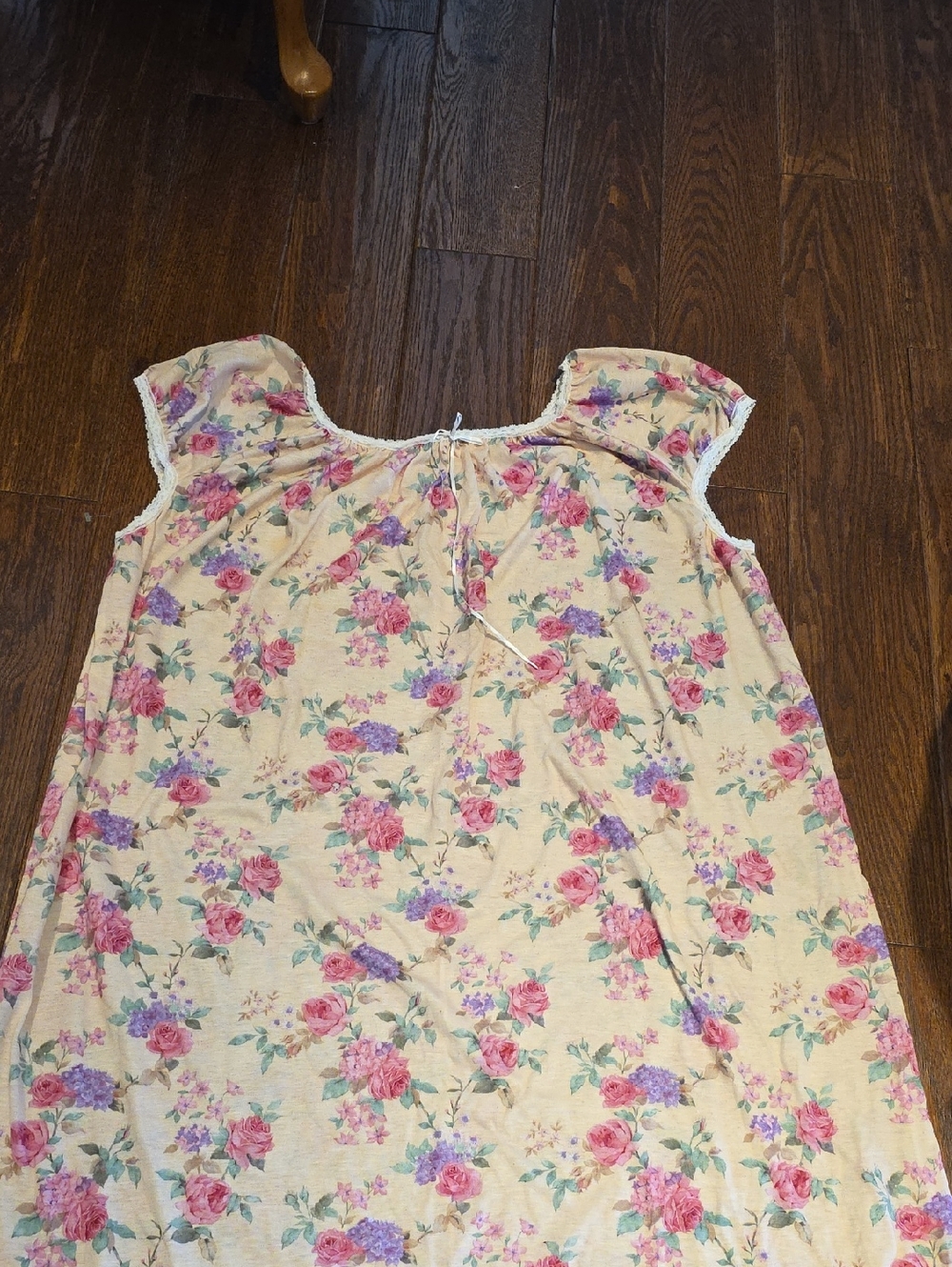 New 3X Cotton Floral Bow & Lace Nightgown in Cream with Pink & Purple Roses C